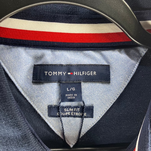 NWT TOMMY HILFIGER Slim Fit Logo Print Polo Navy Large - Picture 3 of 4